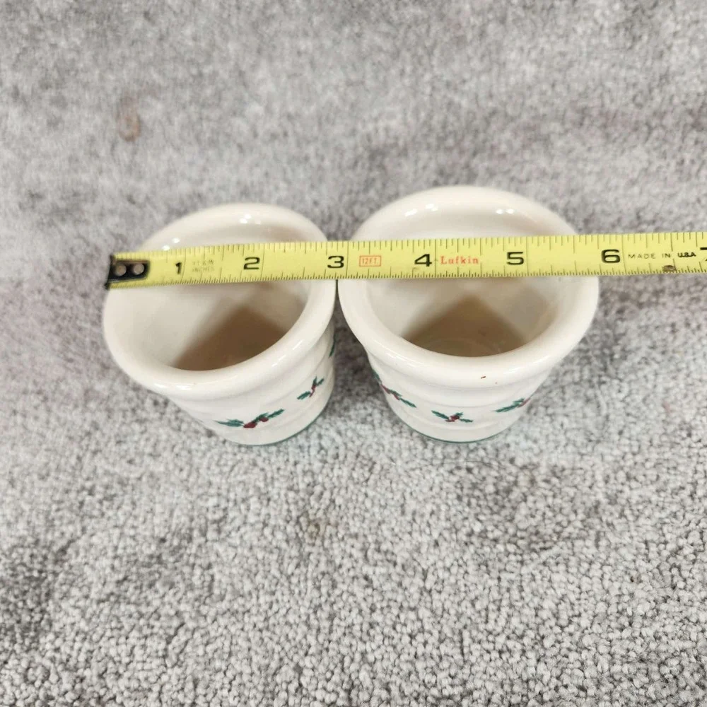 Longaberger Votive Cups Ivory Christmas Holly Pottery Set of‎ 2